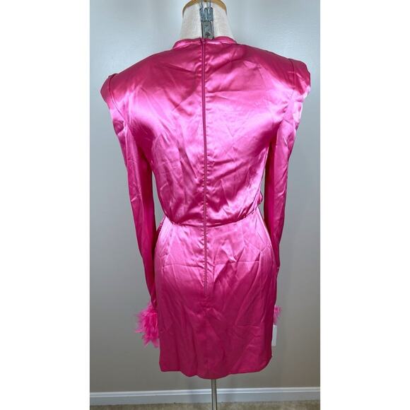 Bronx and Banco Nadine Long Sleeve Draped Ruched Feather Pink Mini Dress Sz M - Picture 8 of 11